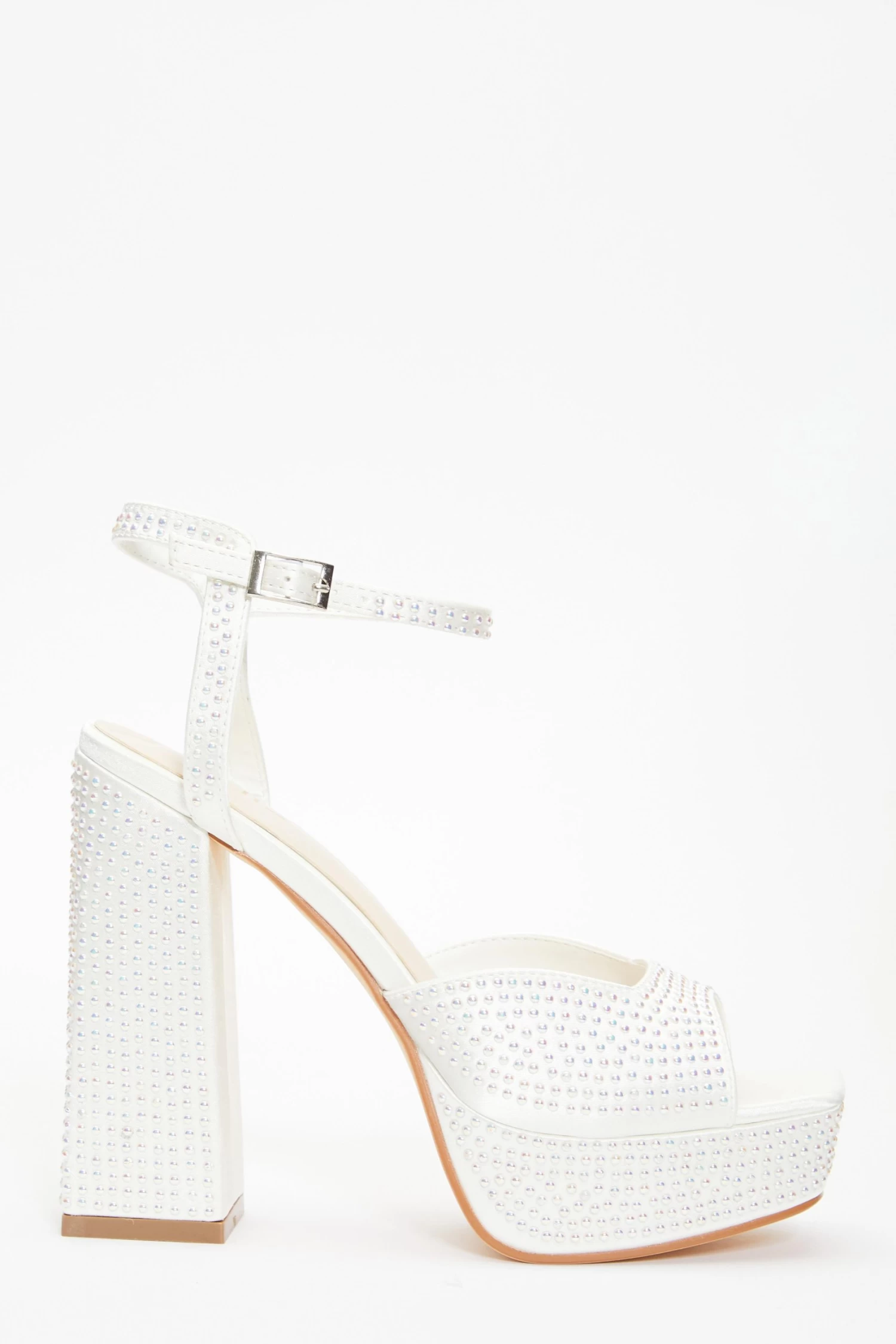Bridal White Satin Pearl Platform Heeled Sandals - Image 2