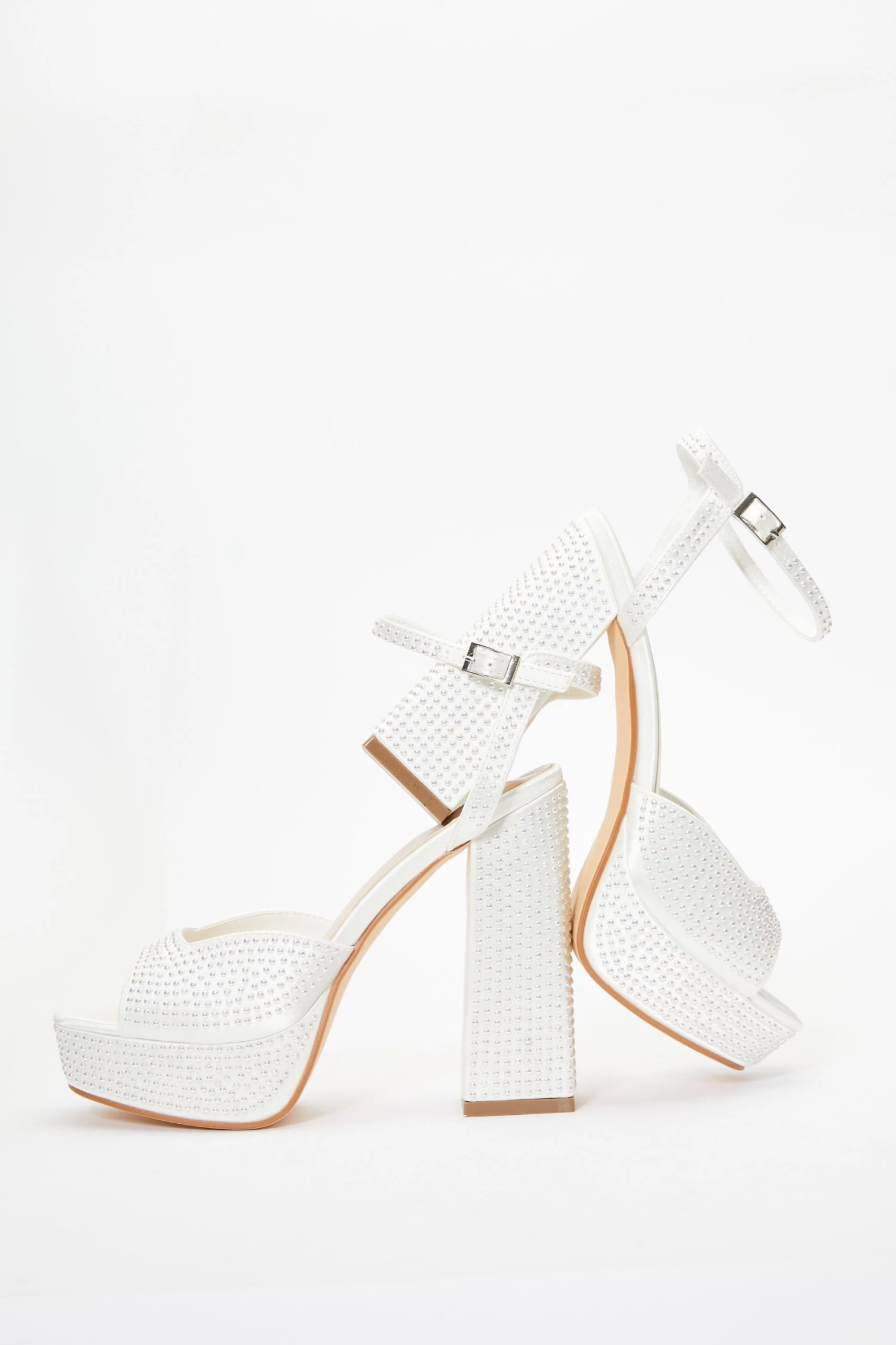 Bridal White Satin Pearl Platform Heeled Sandals - Image 4