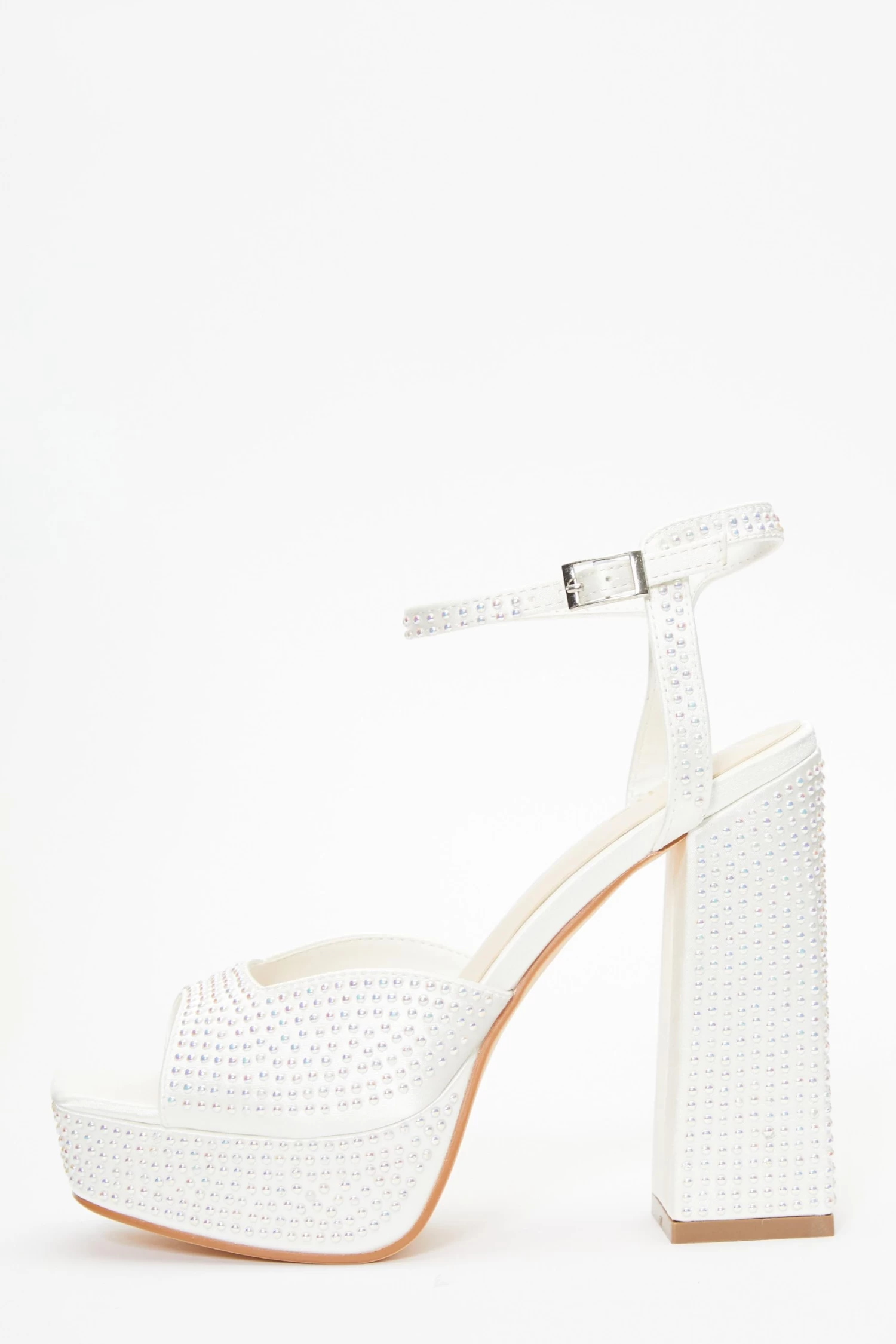Bridal White Satin Pearl Platform Heeled Sandals