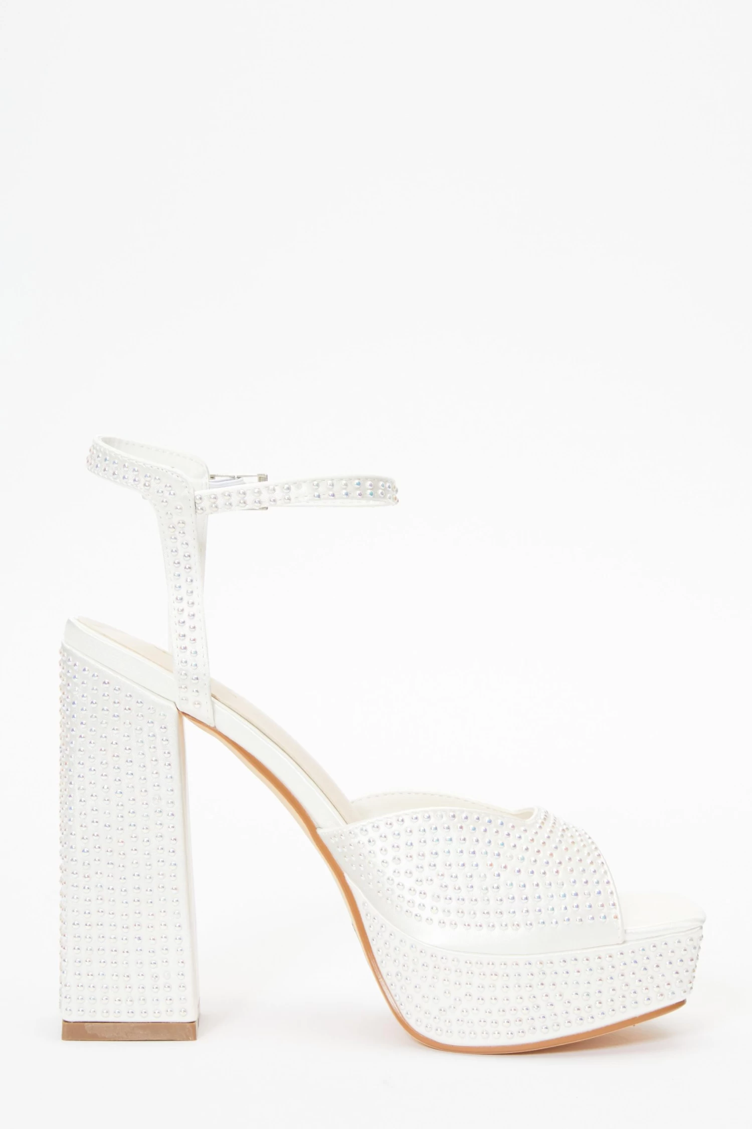 Bridal White Satin Pearl Platform Heeled Sandals - Image 6