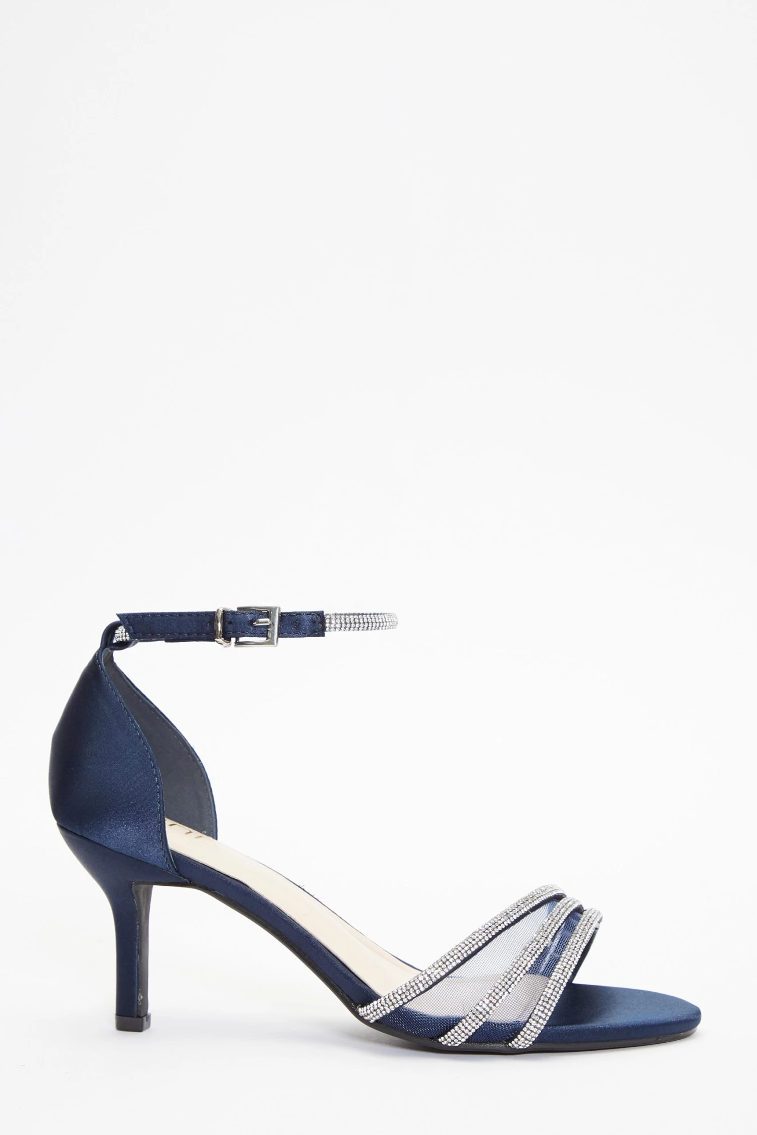 Navy Satin Diamante Mesh Low Heels - Image 2
