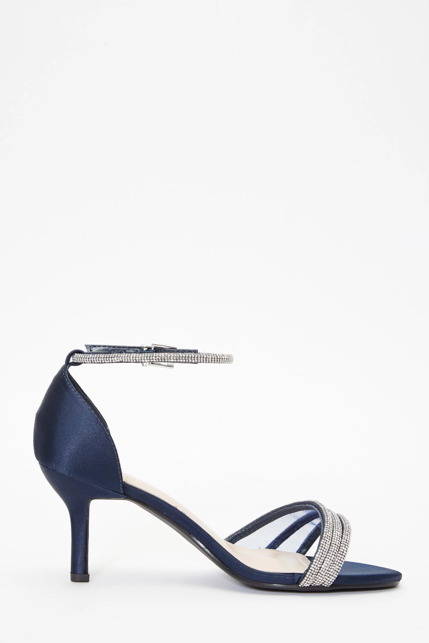 Navy Satin Diamante Mesh Low Heels - Image 6