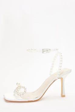 Bridal White Pearl Bow Clear Heeled Sandals