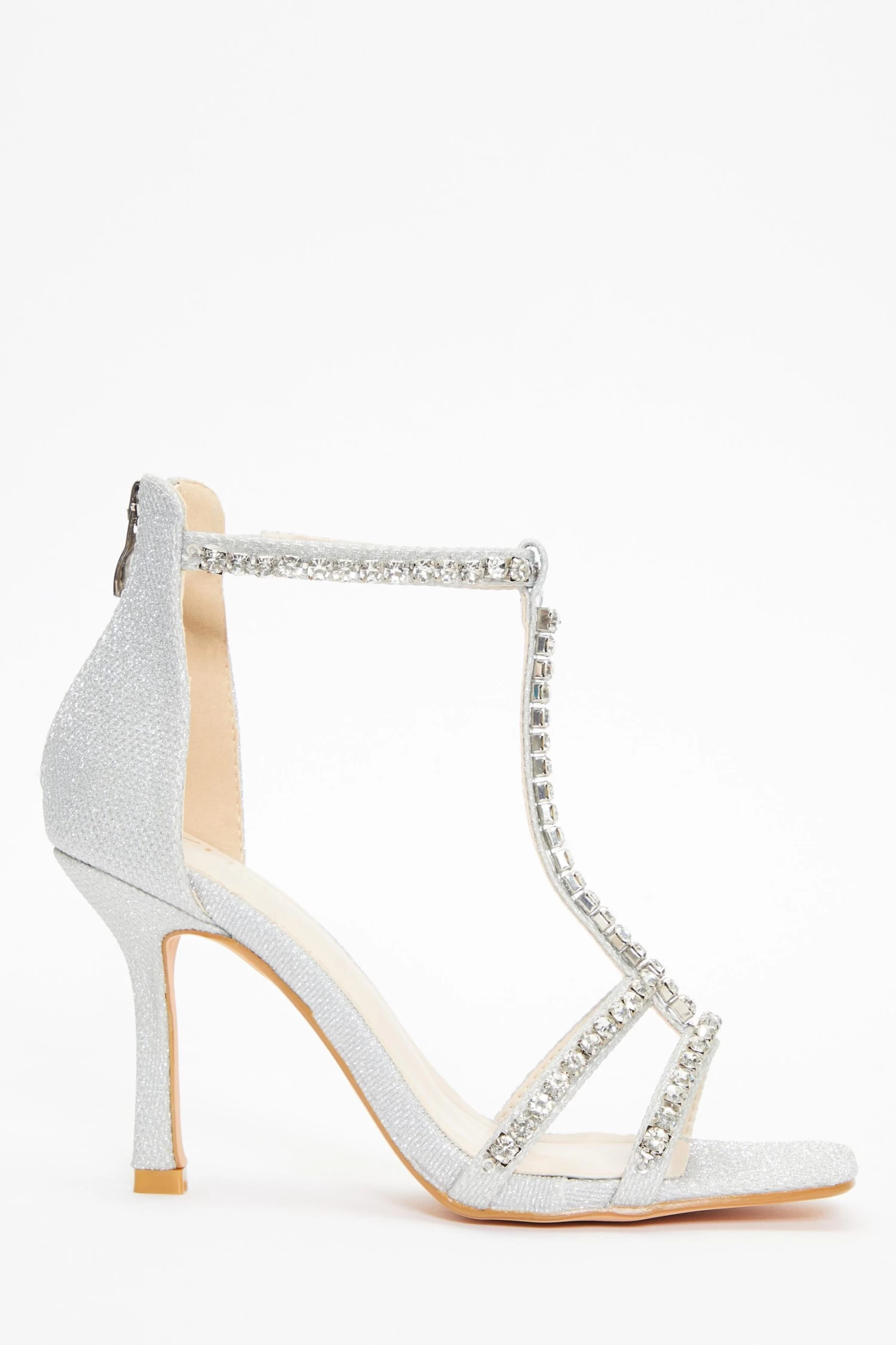 Silver Shimmer Diamante Stone T-Bar Heeled Sandals - Image 2