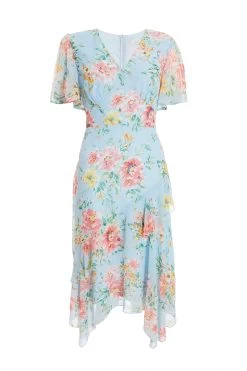 Blue Floral Chiffon Midi Dress