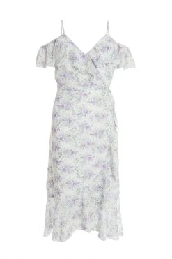 White Floral Cold Shoulder Wrap Midi Dress