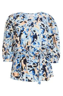 Blue Smudge Print Peplum Top