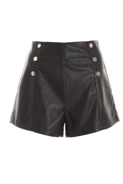 Black Faux Leather Button Shorts
