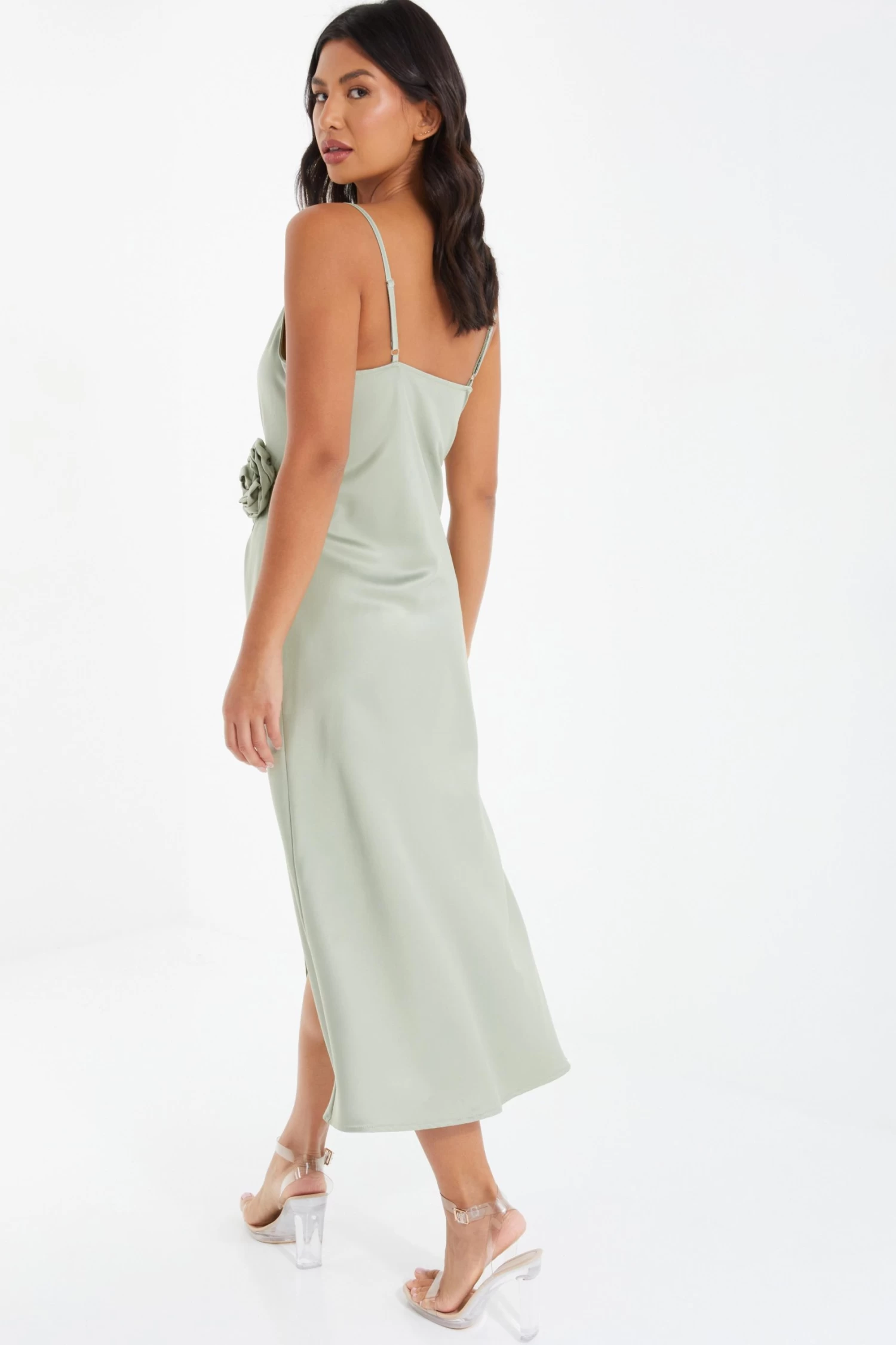 Sage Satin Wrap Floral Midi Dress - Image 3