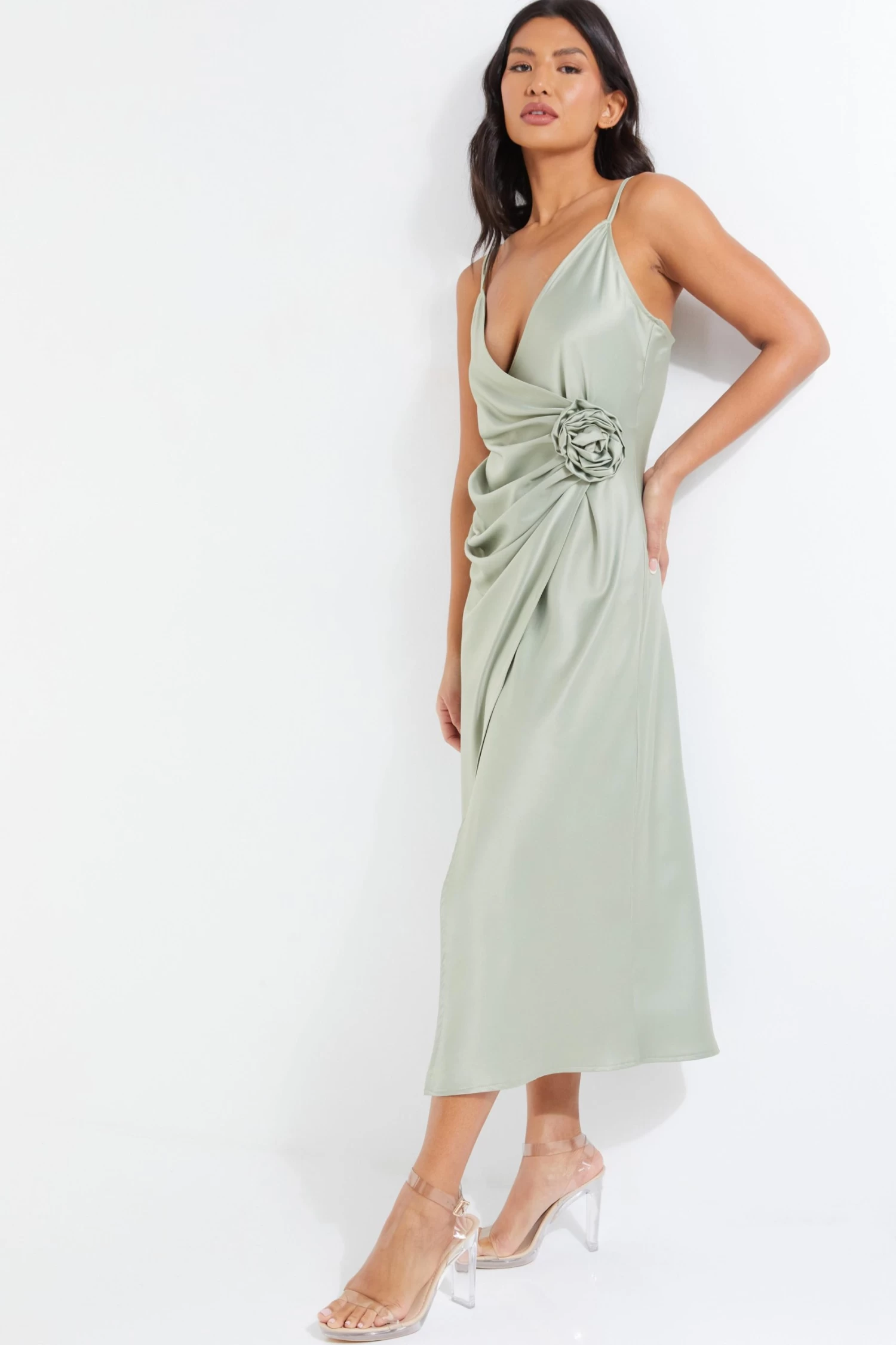 Sage Satin Wrap Floral Midi Dress - Image 4