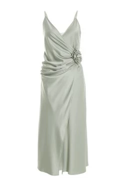 Sage Satin Wrap Floral Midi Dress