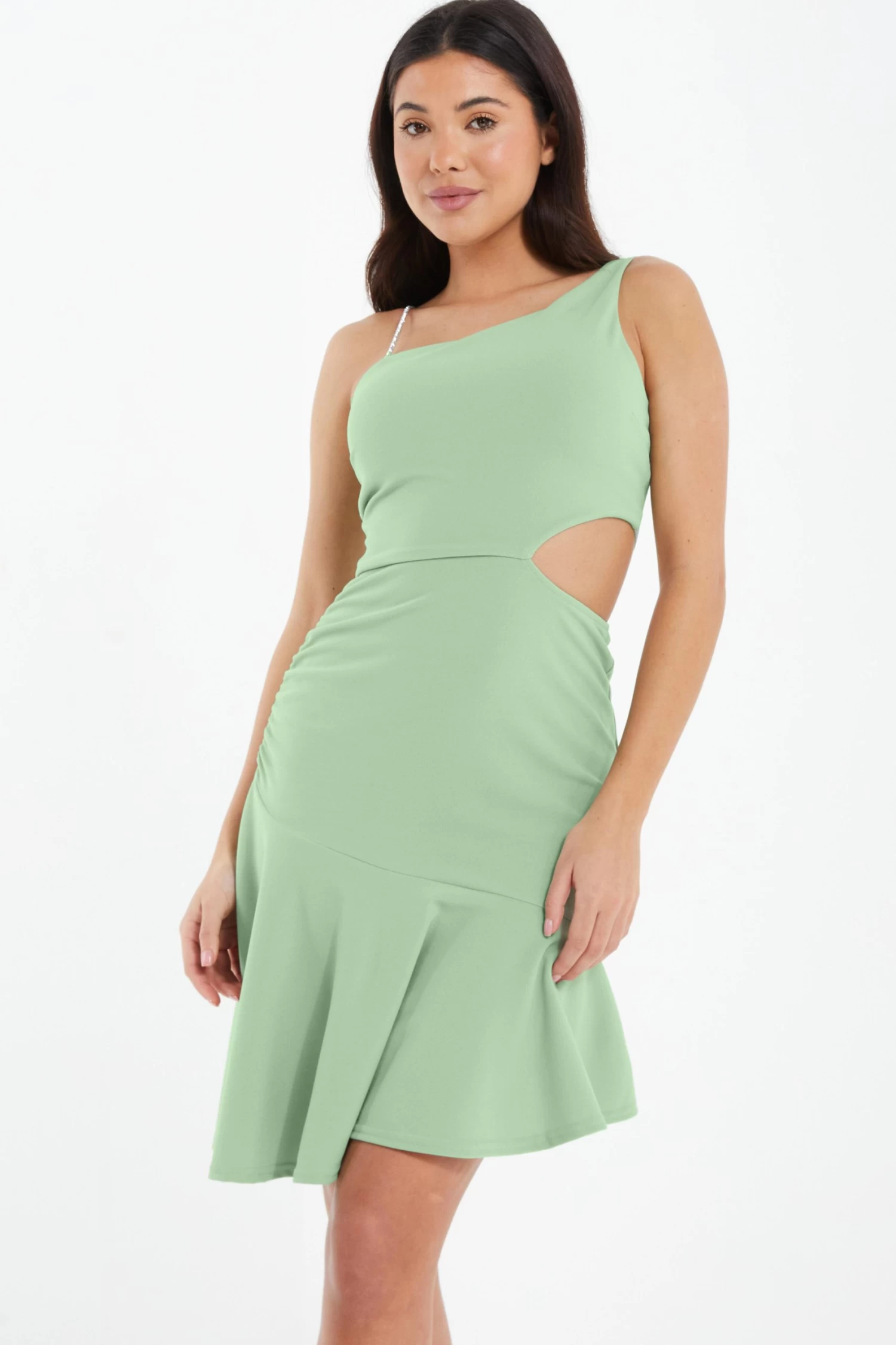 Sage Diamante One Shoulder Mini Dress - Image 4