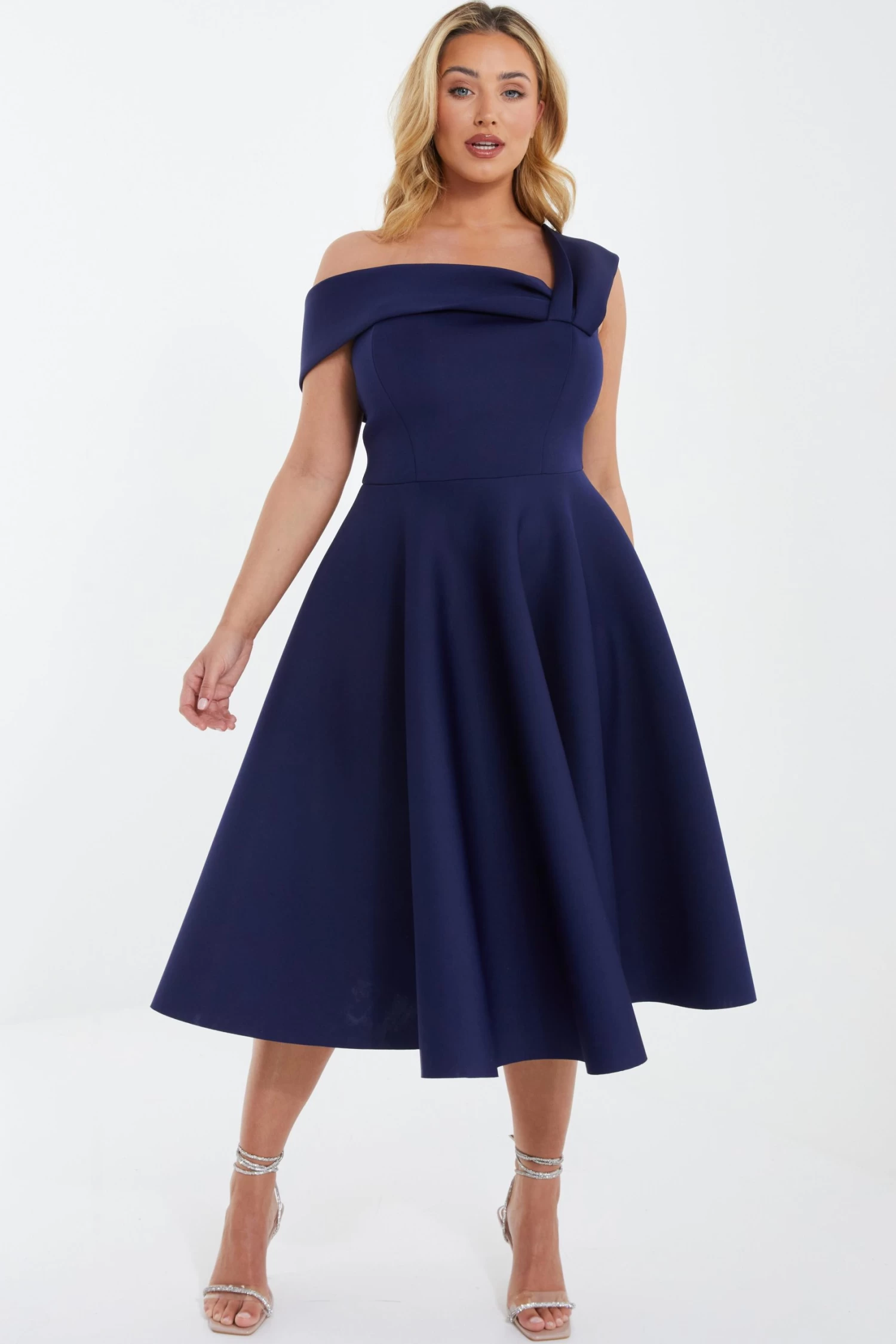 Curve Navy One Shoulder Midi Skater Dress - Image 2