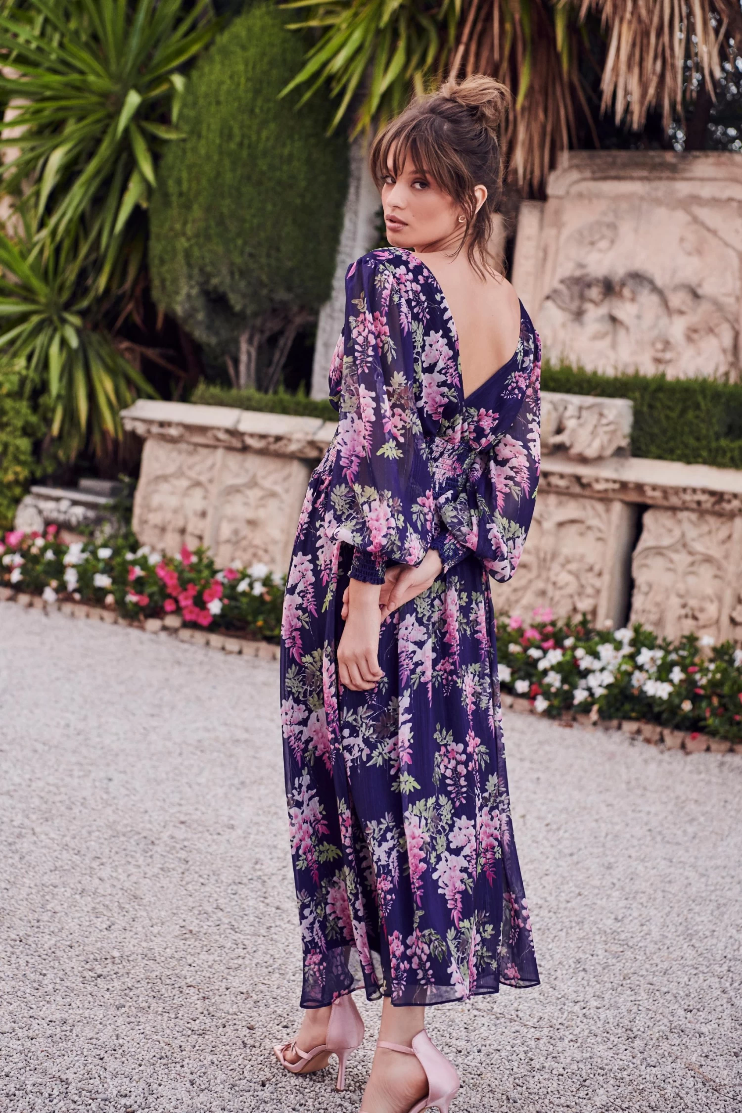 Navy Floral Chiffon Wrap Midi Dress - Image 3