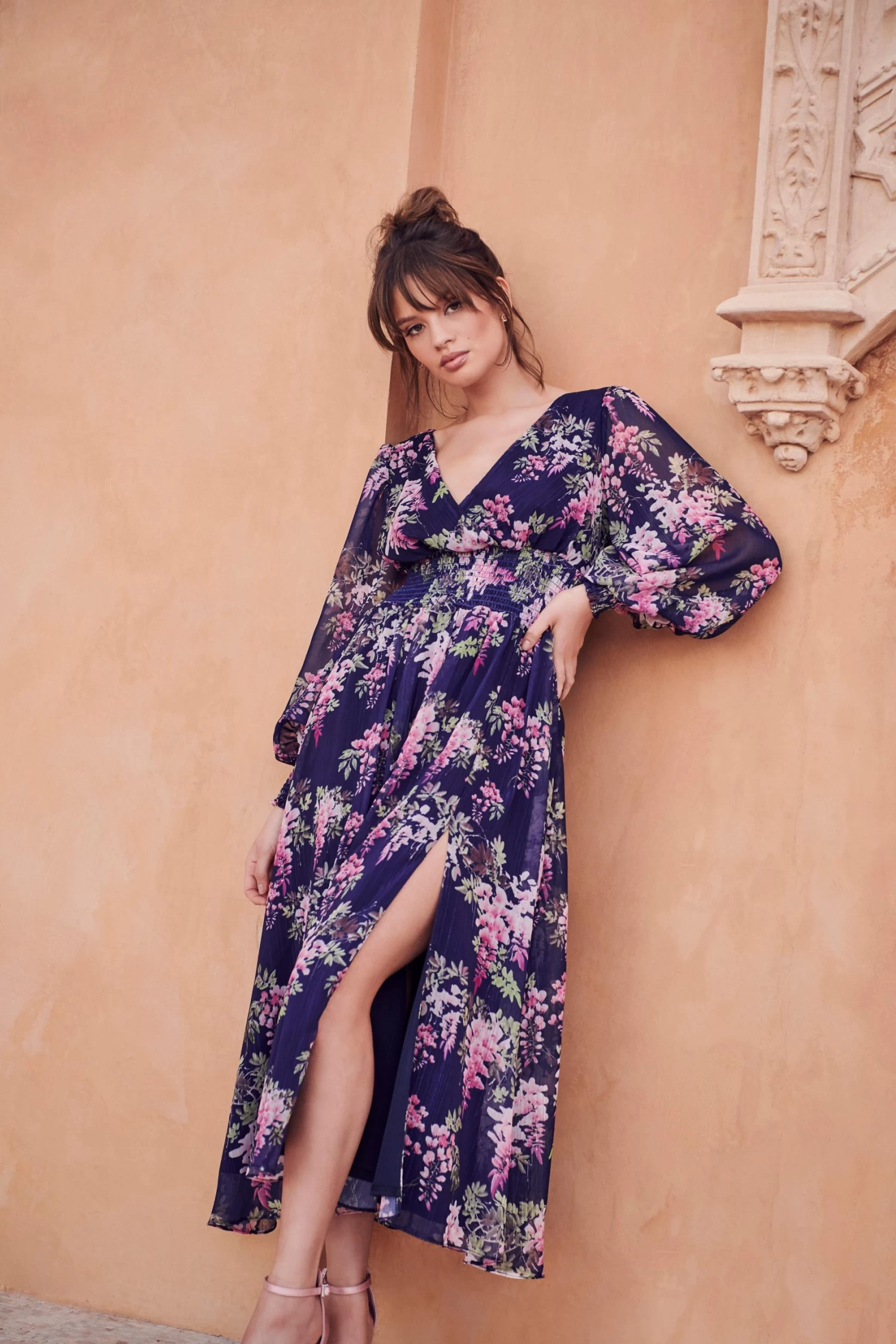 Navy Floral Chiffon Wrap Midi Dress - Image 2