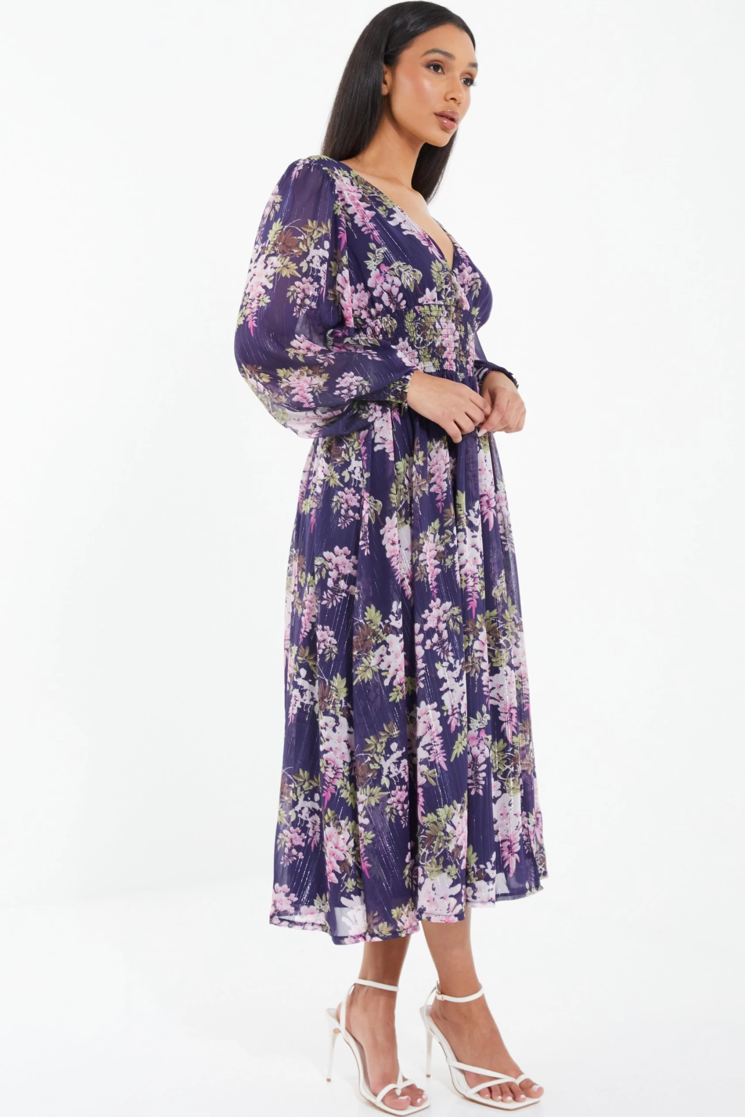 Navy Floral Chiffon Wrap Midi Dress - Image 4