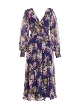 Navy Floral Chiffon Wrap Midi Dress
