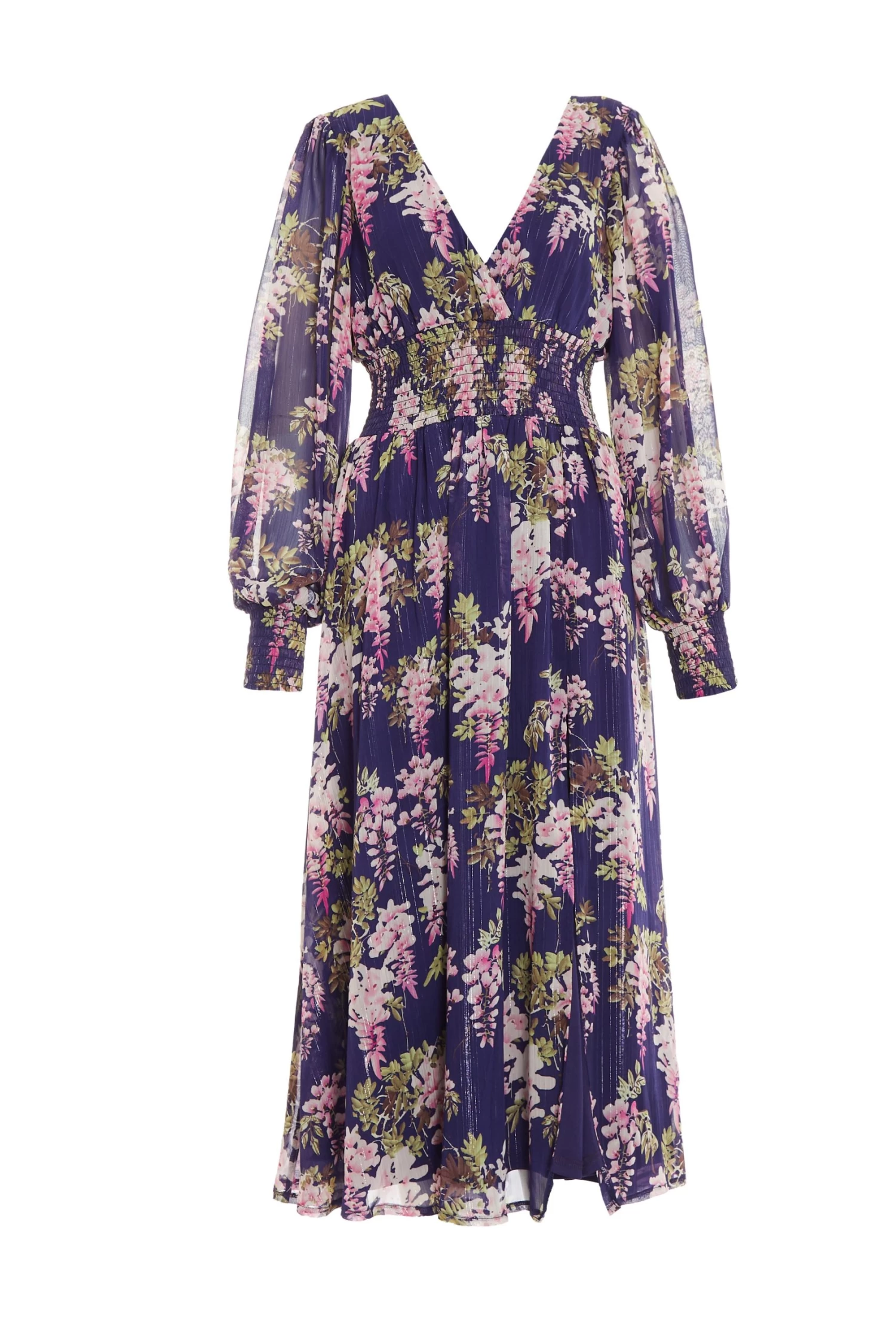 Navy Floral Chiffon Wrap Midi Dress