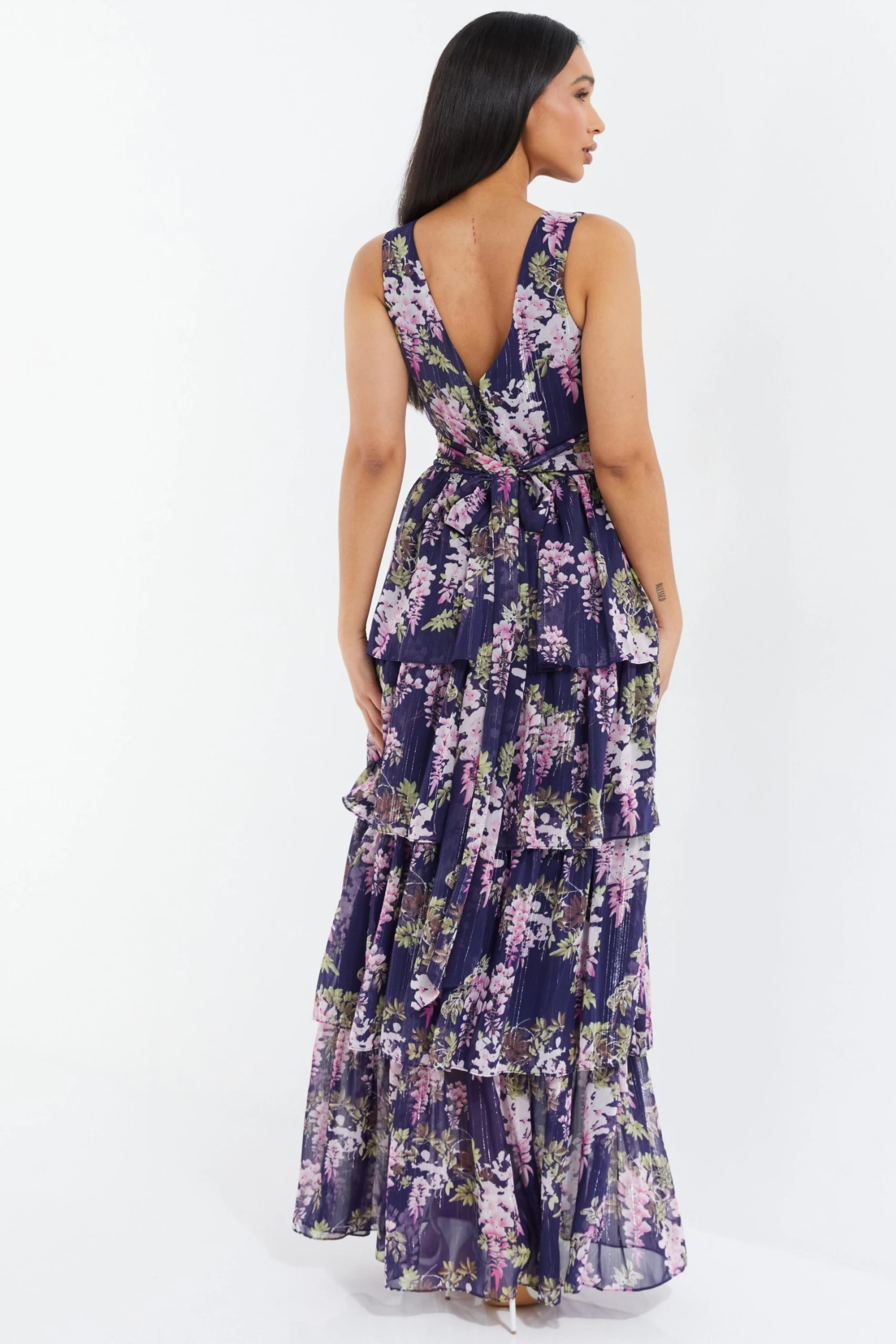Navy Chiffon Floral Tiered Maxi Dress - Image 3