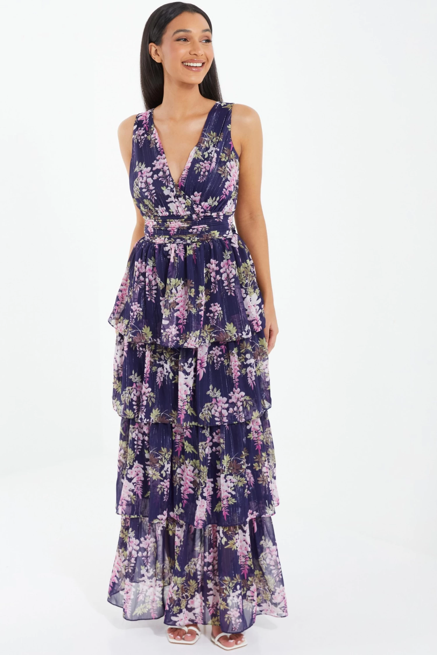 Navy Chiffon Floral Tiered Maxi Dress - Image 2
