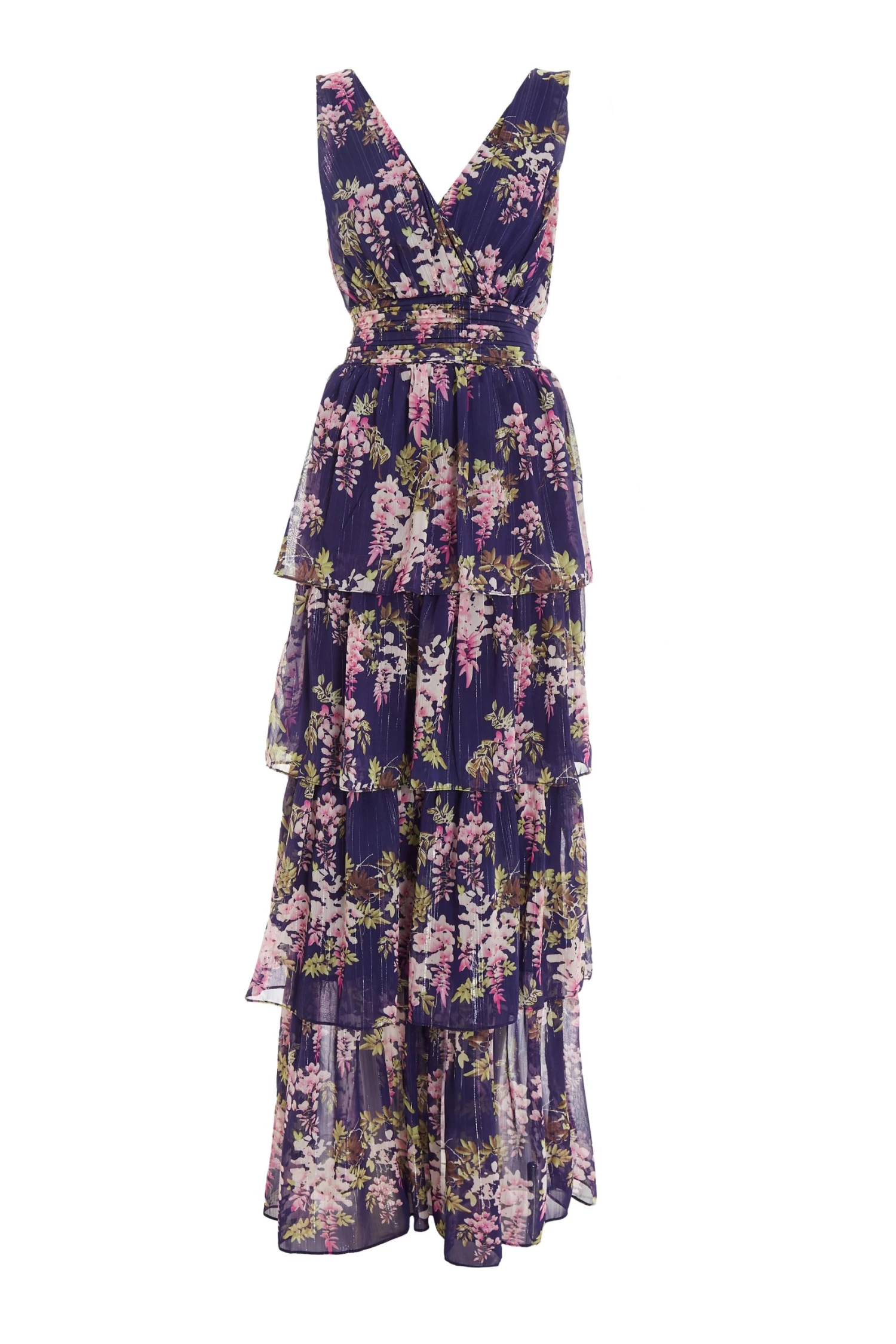 Navy Chiffon Floral Tiered Maxi Dress