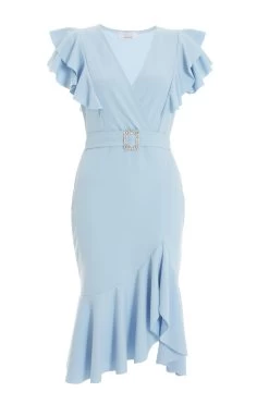 Light Blue Buckle Frill Midi Dress