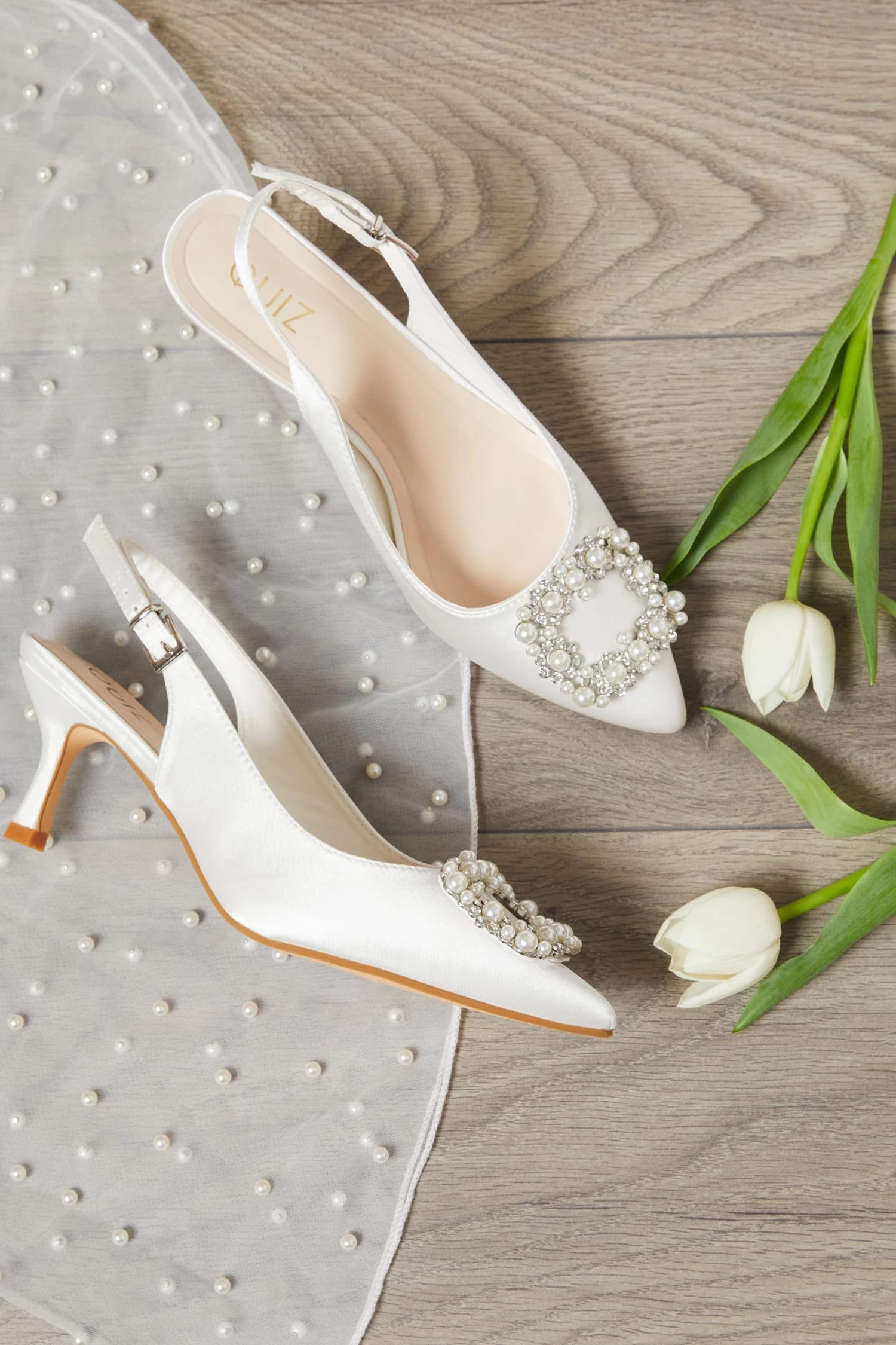 Bridal White Satin Brooch Court Low Heels - Image 2