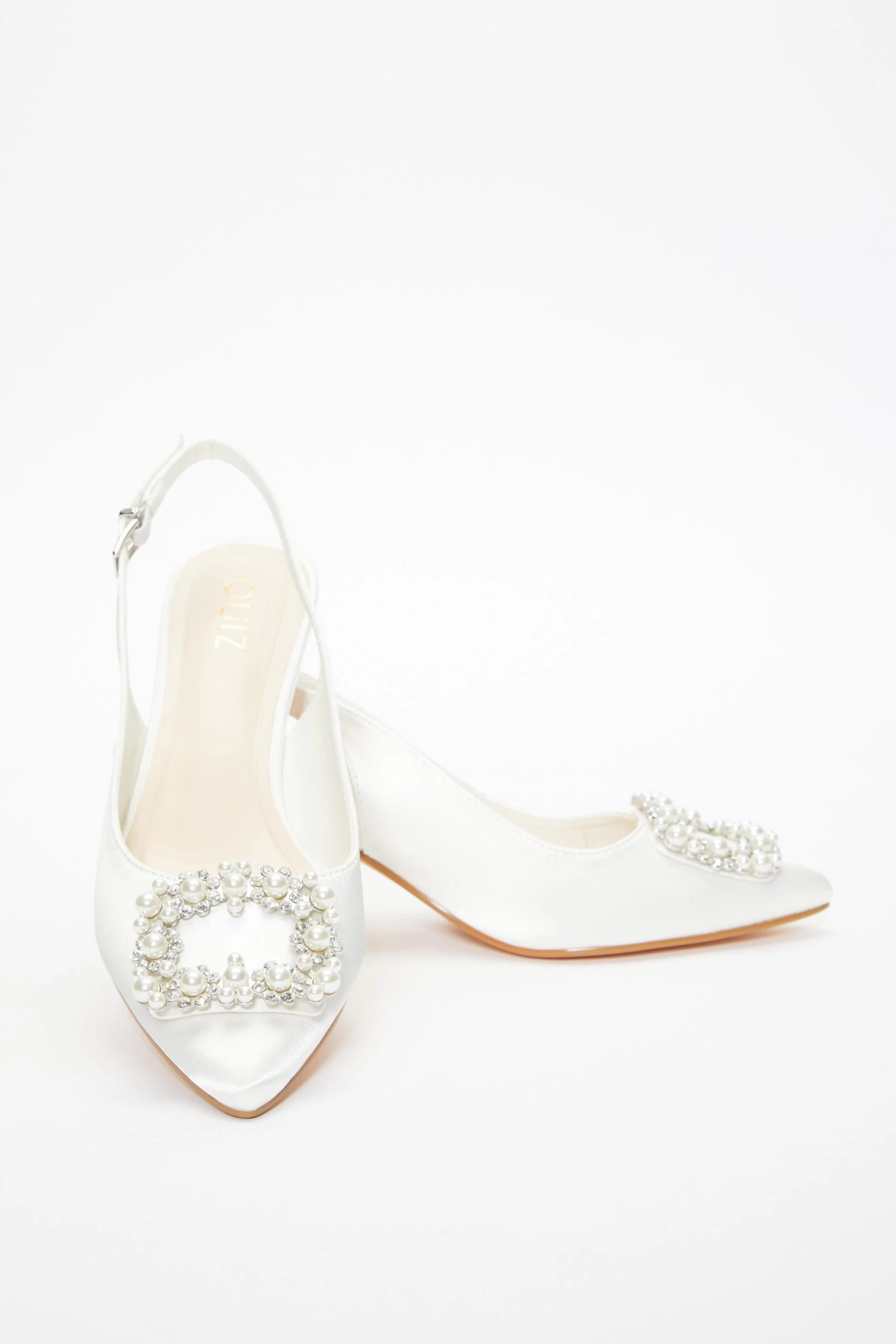 Bridal White Satin Brooch Court Low Heels - Image 4