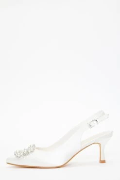 Bridal White Satin Brooch Court Low Heels