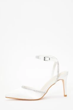 Bridal White Satin Diamante Trim Court Heels