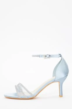 Light Blue Satin Diamante Mesh Low Heels