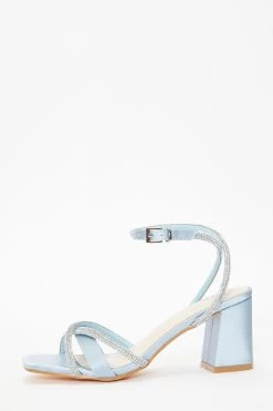 Blue Satin Diamante Block Heeled Sandals