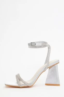 Grey Satin Diamante Triangle Heeled Sandals