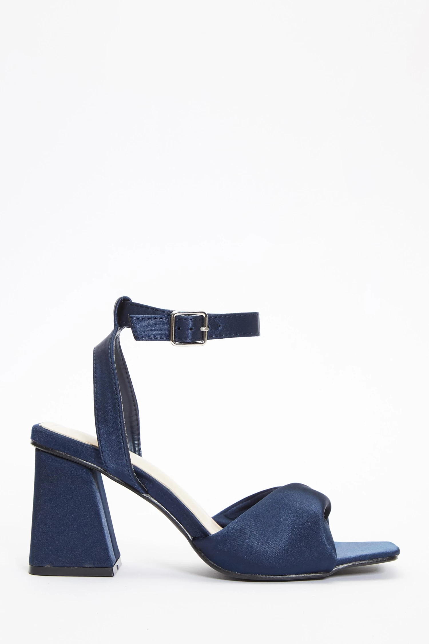 Navy Satin Block Heel Sandals - Image 2