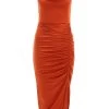 Rust Ruched Bodycon Midi Dress