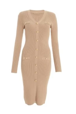 Stone Knitted Button Midi Dress