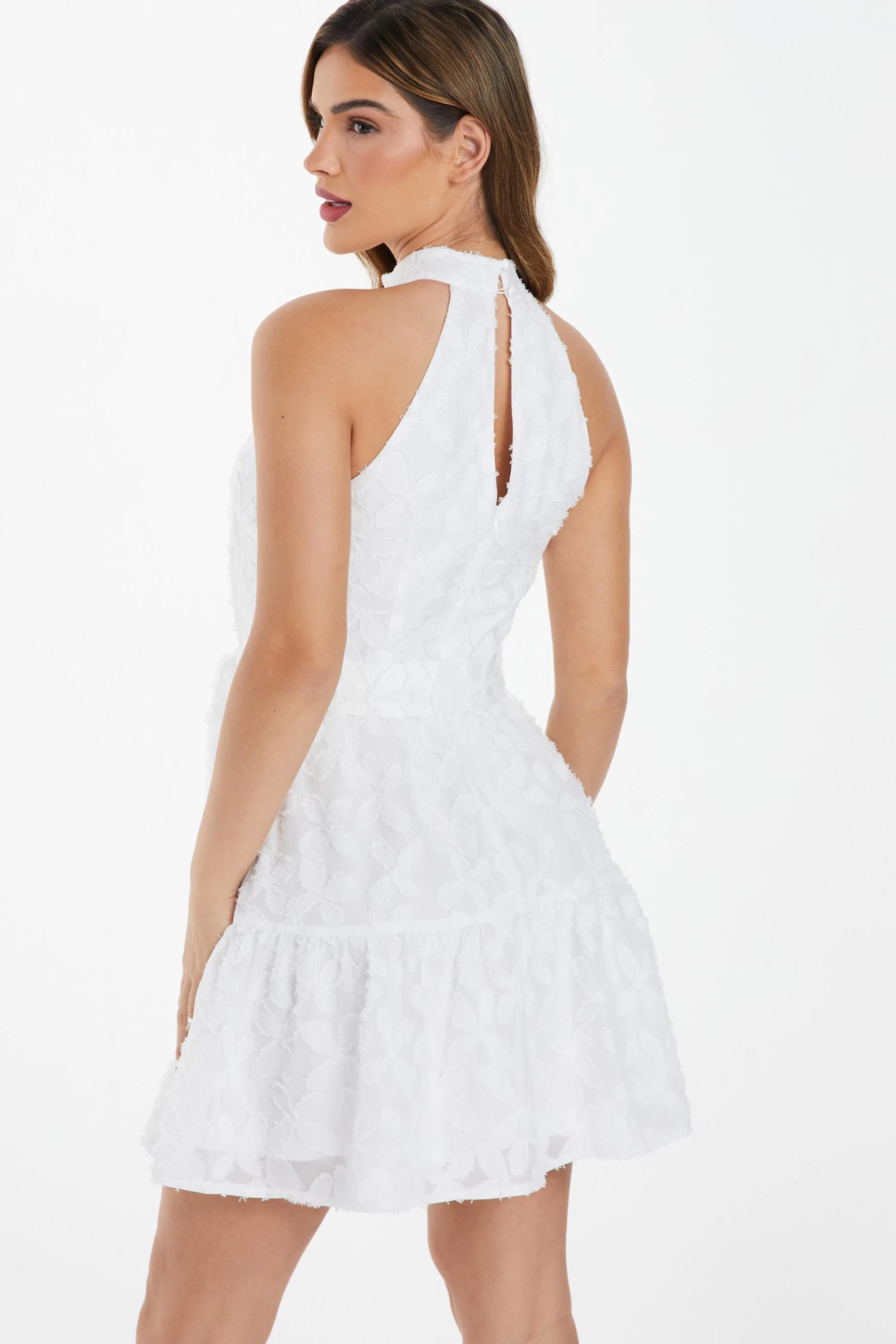 White Jacquard Halter Neck Mini Dress - Image 3