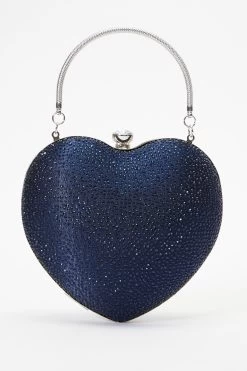 Navy Satin Diamante Heart Bag