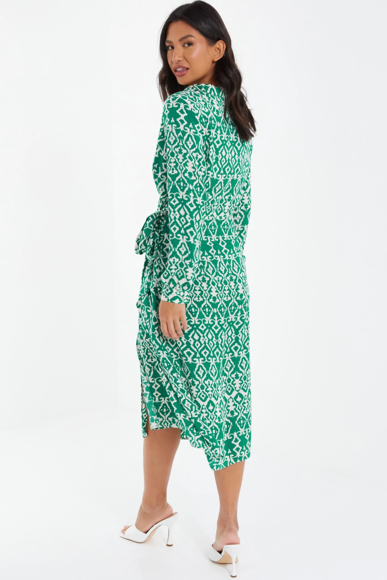 Green Satin Aztec Wrap Midi Dress - Image 3