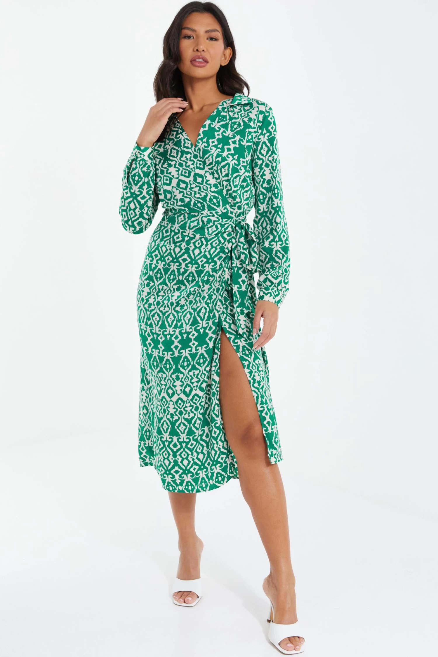 Green Satin Aztec Wrap Midi Dress - Image 2