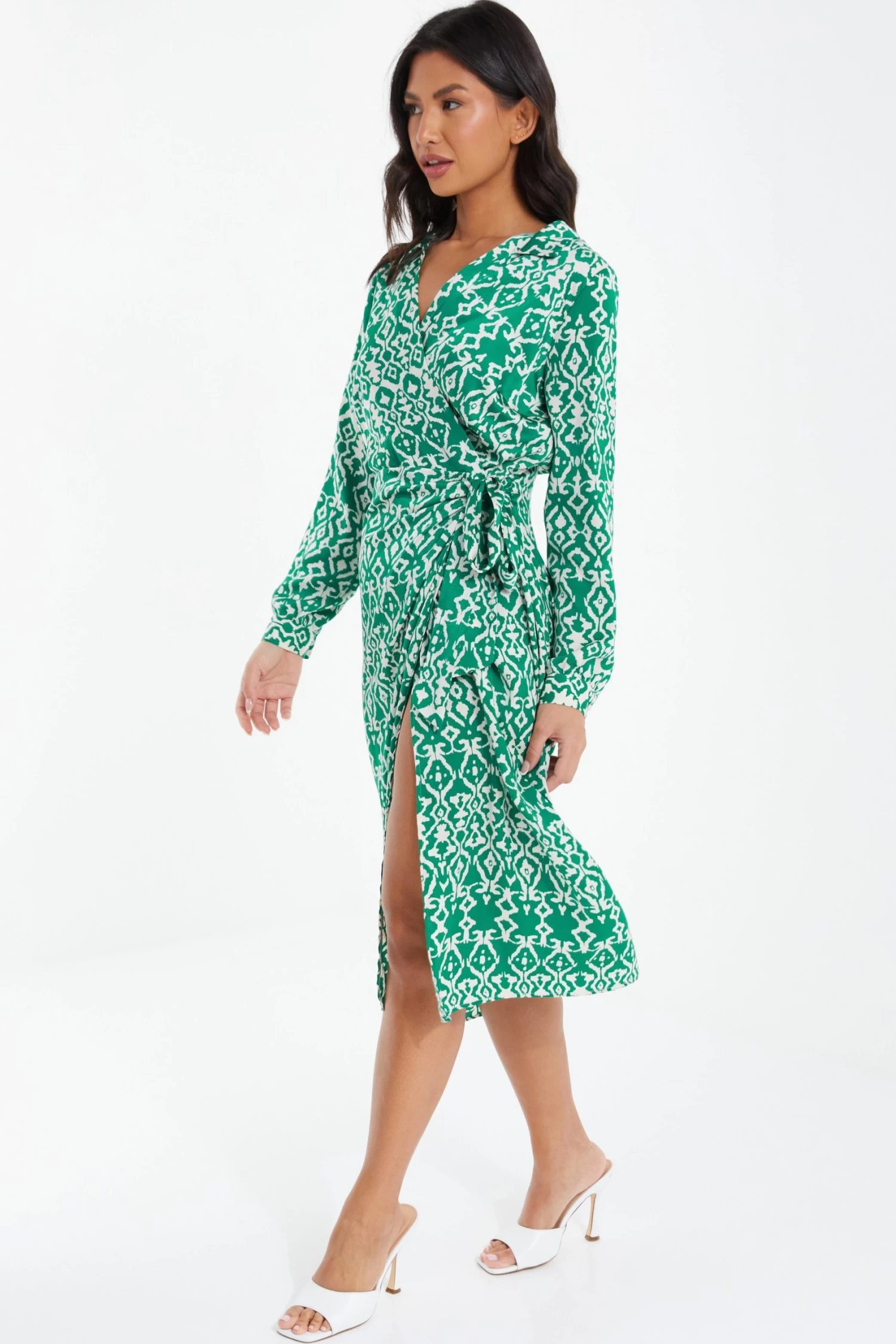 Green Satin Aztec Wrap Midi Dress - Image 4
