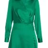 Green Satin Button Mini Shirt Dress