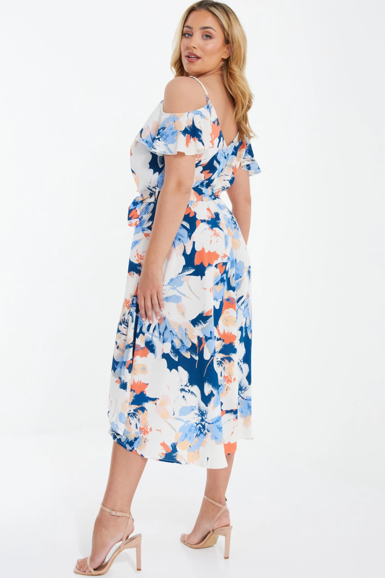 Curve Blue Floral Cold Shoulder Wrap Midi Dress - Image 3