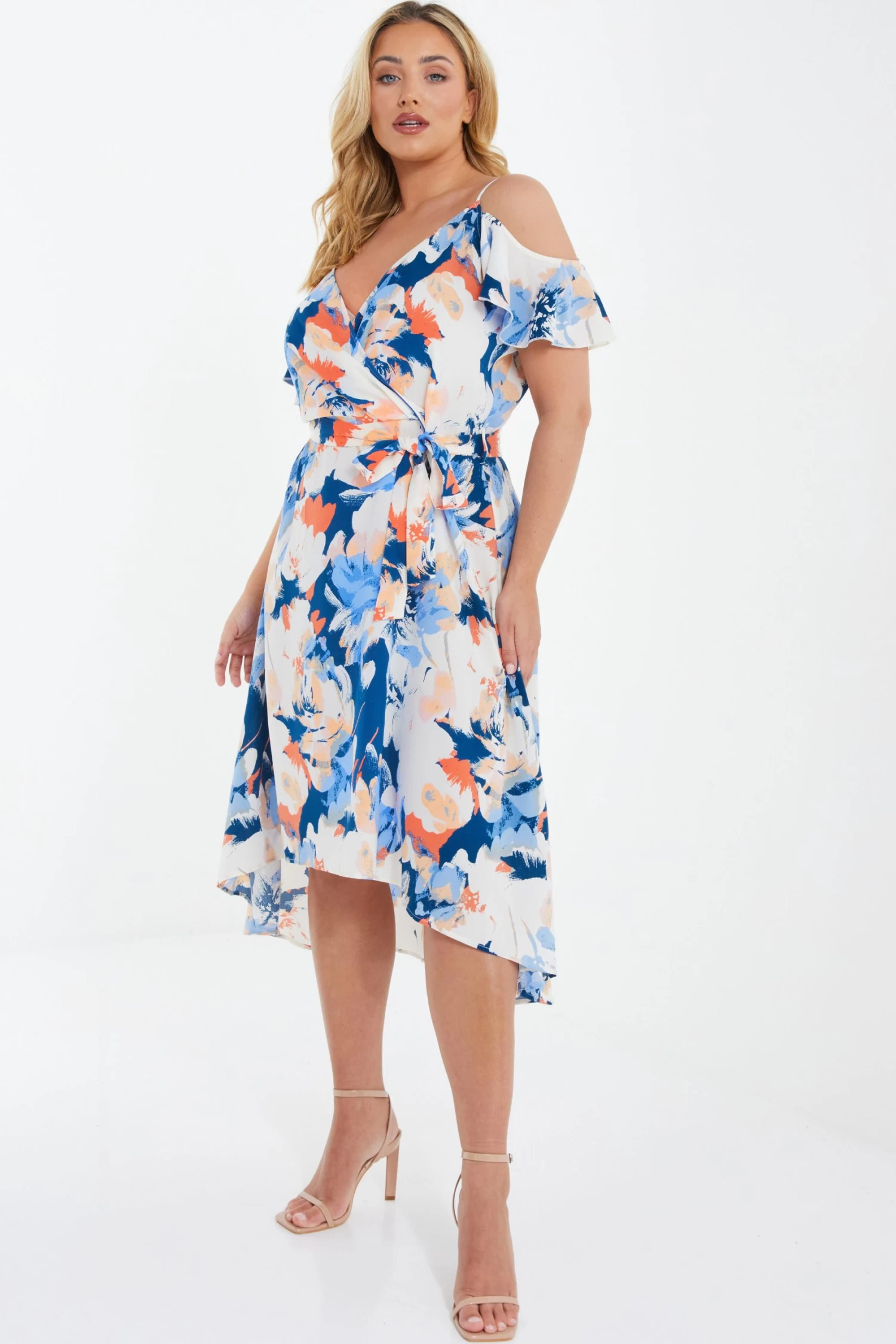 Curve Blue Floral Cold Shoulder Wrap Midi Dress - Image 4