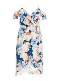 Curve Blue Floral Cold Shoulder Wrap Midi Dress
