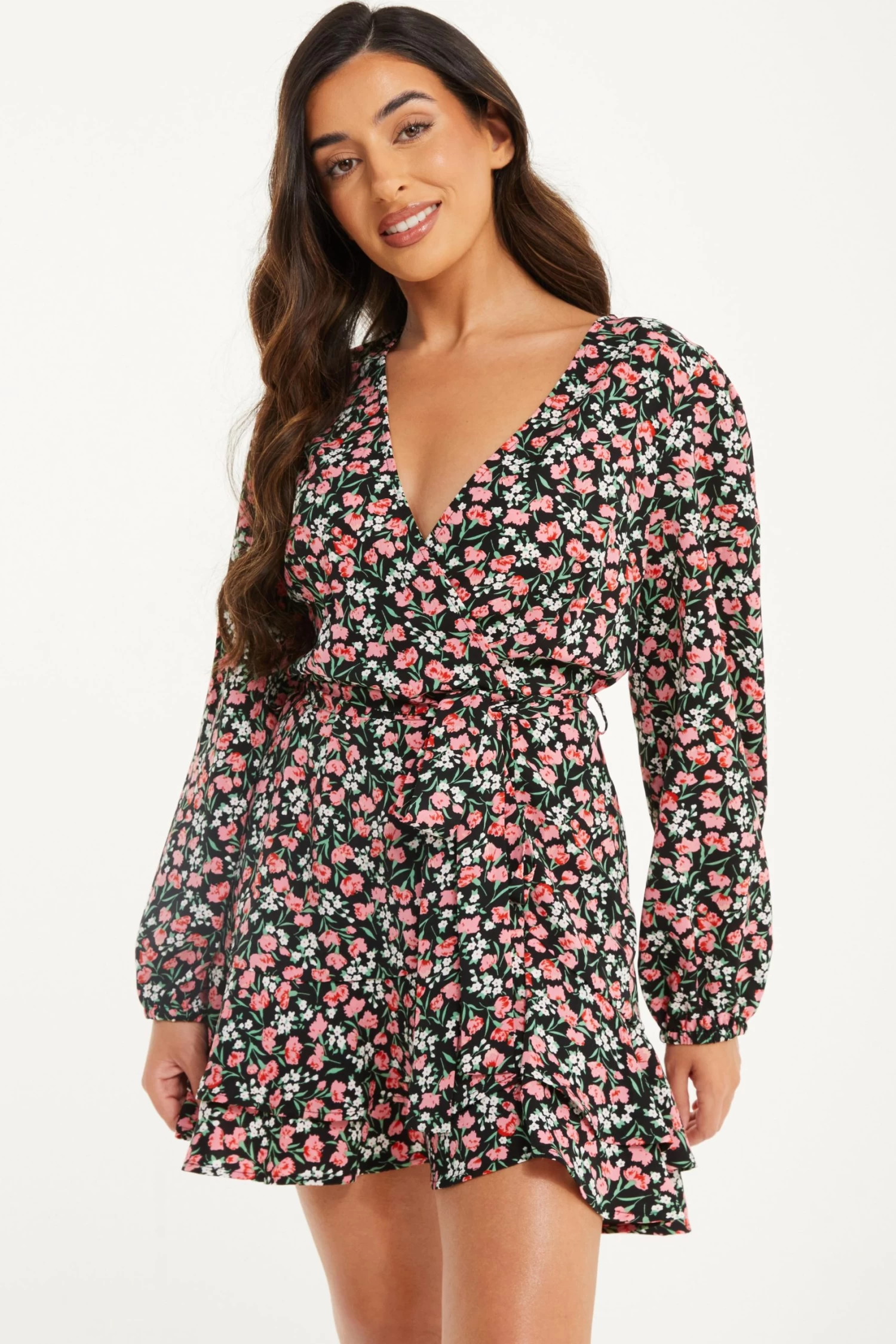 Petite Black Ditsy Floral Wrap Mini Dress - Image 2