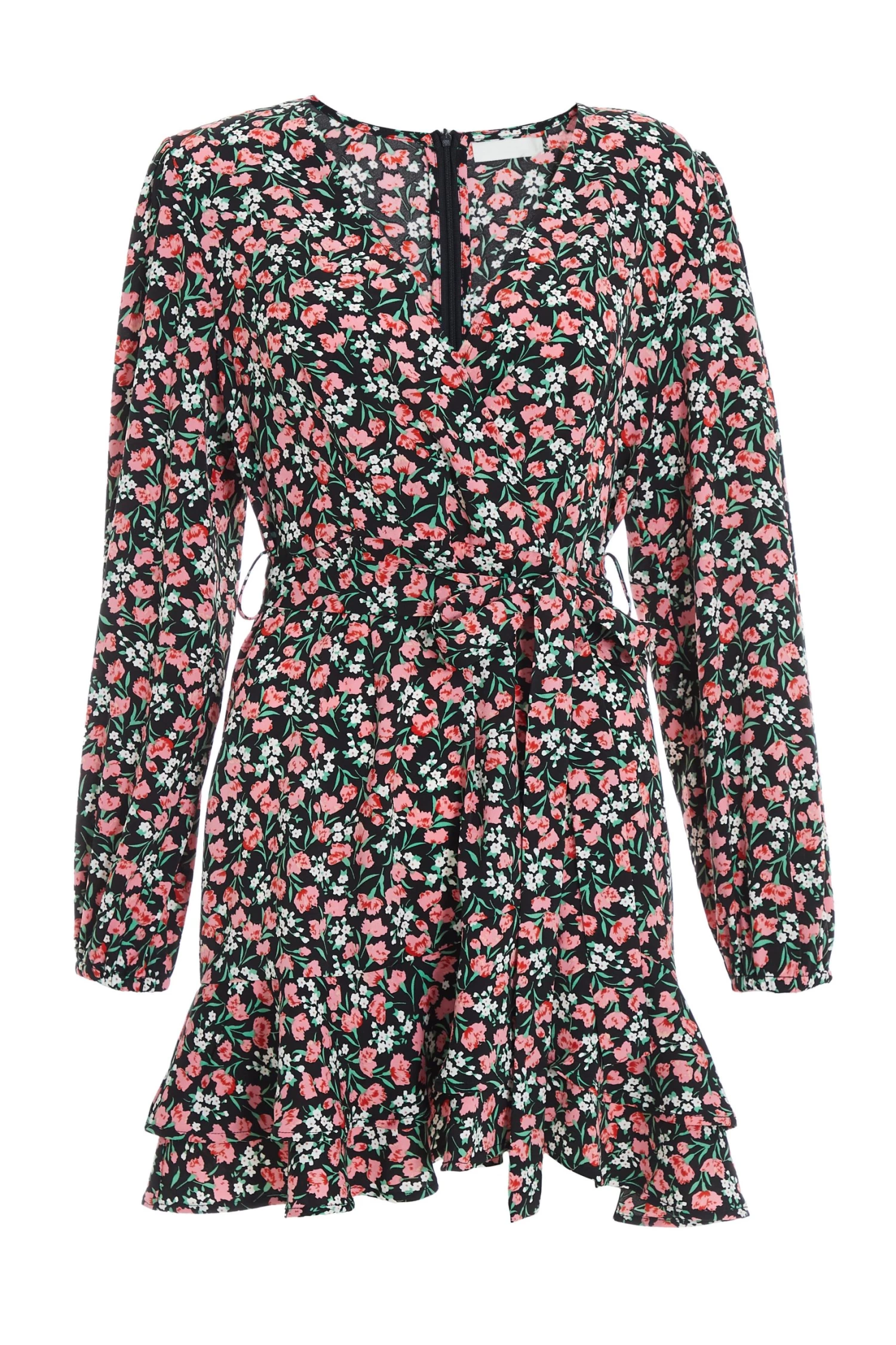 Petite Black Ditsy Floral Wrap Mini Dress