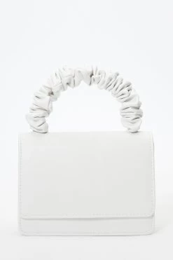 White Faux Leather Ruched Mini Handle Bag