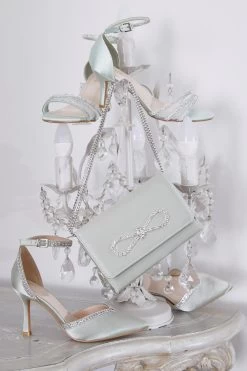 Sage Satin Diamante Bow Clutch