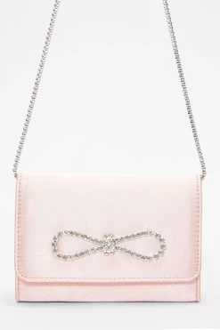 Pink Satin Diamante Bow Clutch